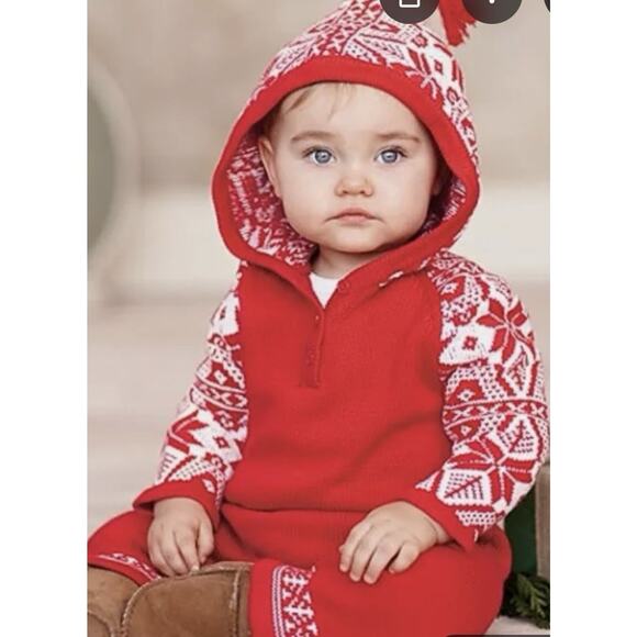 HANNA ANDERSON SWEATER KNIT HOODED RED NORDIC SNOWFLAKE ROMPER 70 Or 6-12 Months - Picture 1 of 7